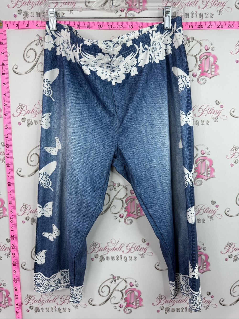 Capri tights floral lace Women's Blue Butterfly Print Jeans